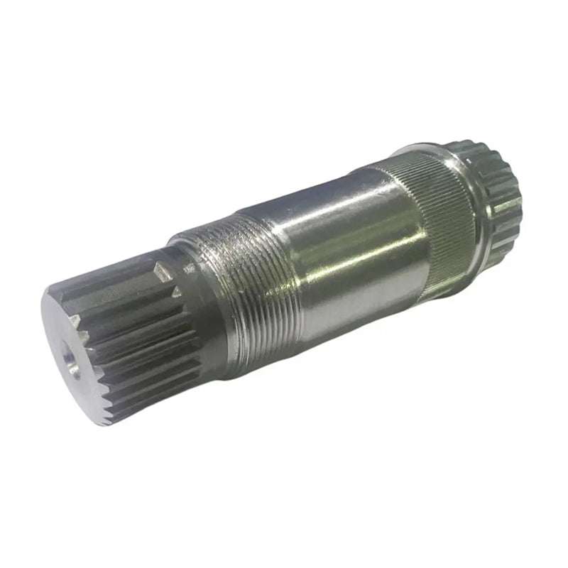 Lower Assist Shaft made of medium-carbon steel with cold-forged splines, precision machined features, and laser-marked 2D barcode for traceability
