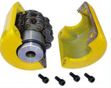 Close-up of roller chain couplings connecting machinery parts