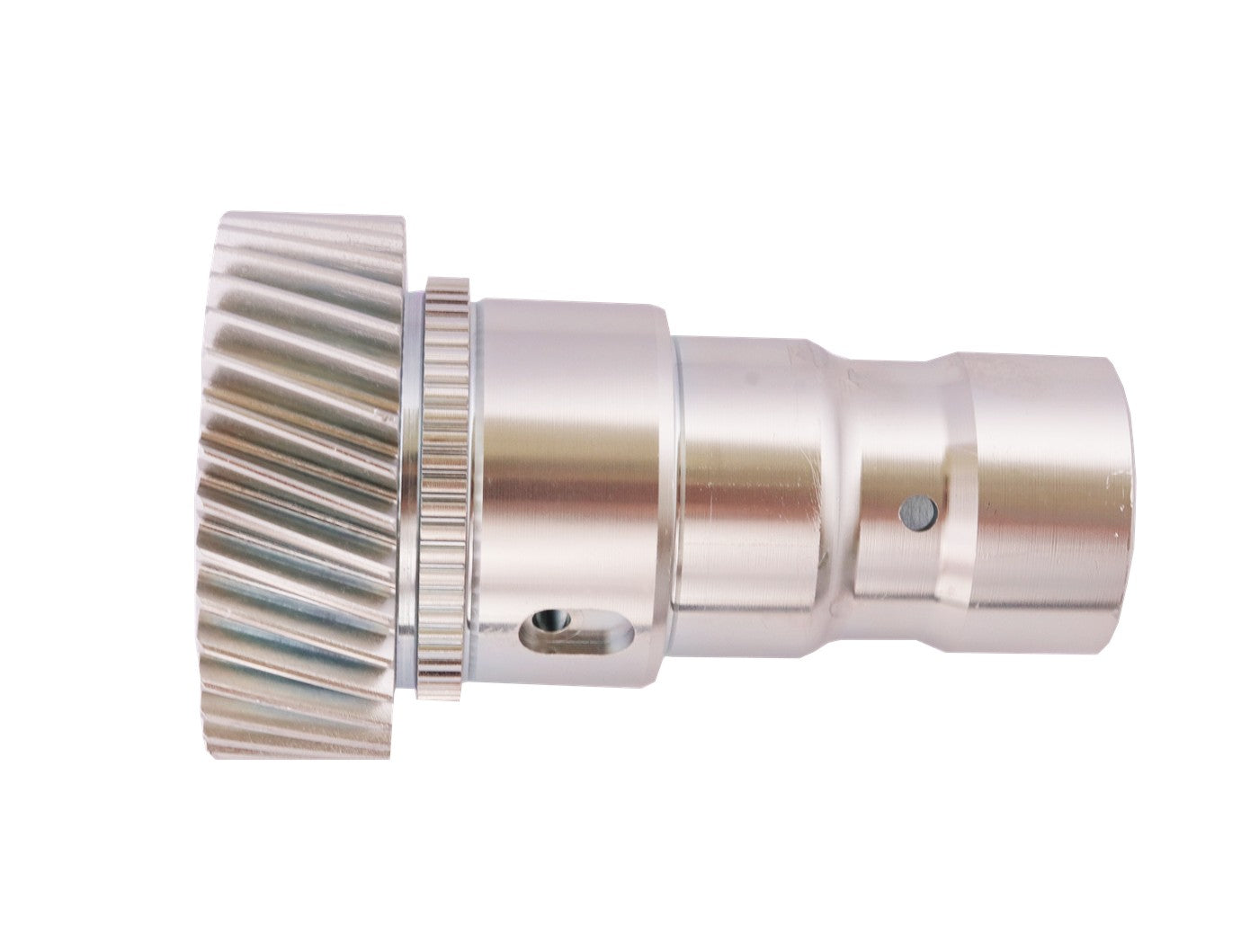 Custom gear shaft component with helical gear teeth and machined shaft features