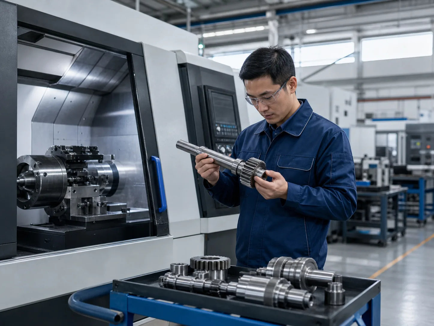 Precision manufacturing engineer reviewing production equipment