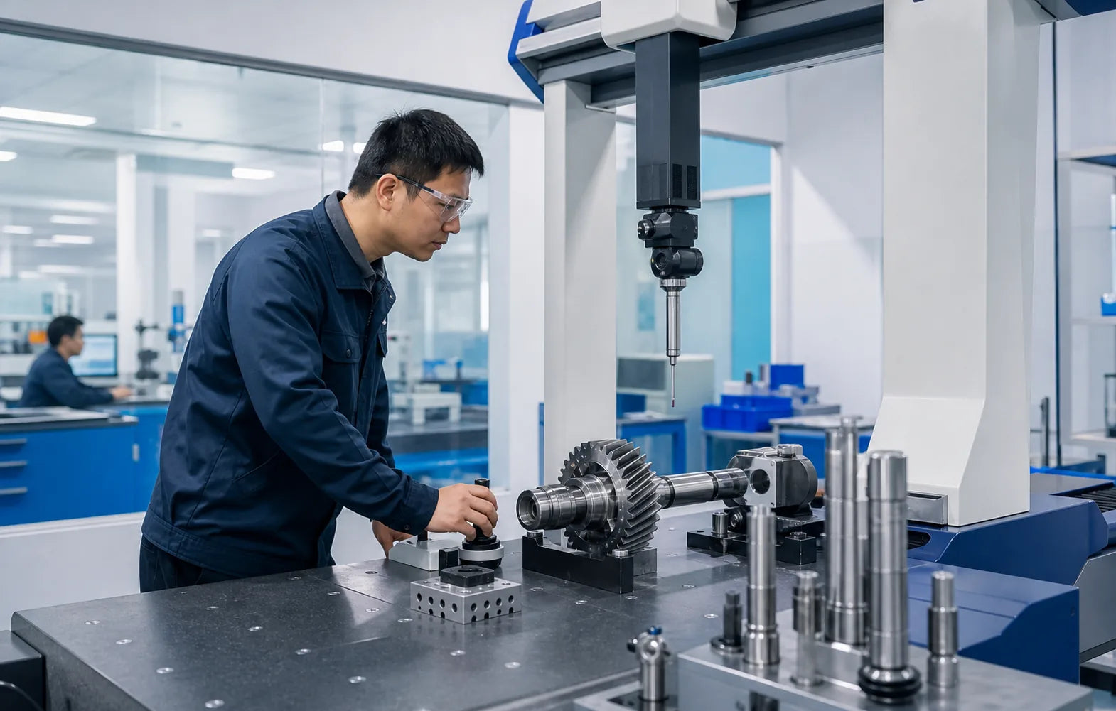Quality engineer inspecting a precision component with measuring equipment