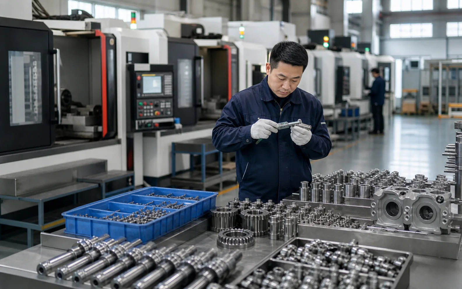 Precision machined components arranged for repeatable production inspection