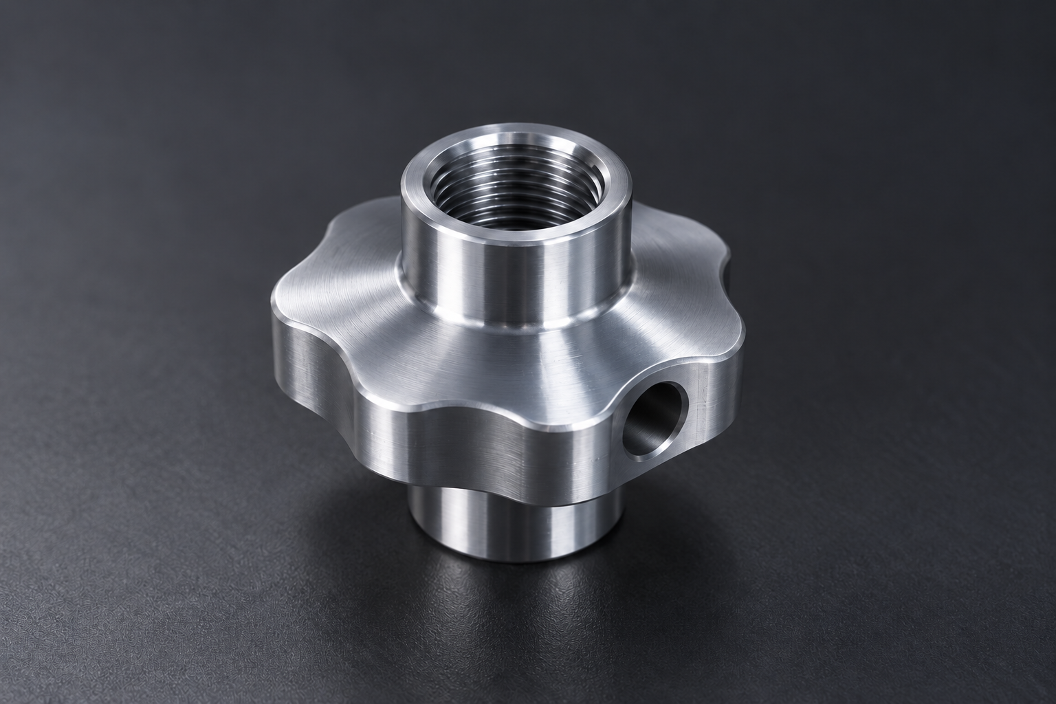 Illustration of a lobed metal component with an axial internal thread and an unthreaded side hole